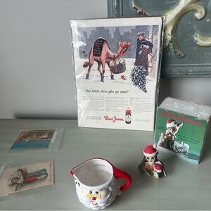 Vintage Christmas lot post cards advertising Santa mug reindeer candle holder